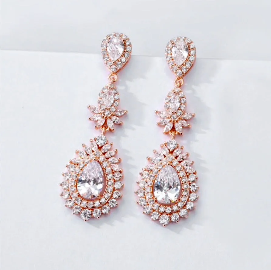"Piper" - Cubic Zirconia Bridal Earrings - Available in Rose Gold and Silver