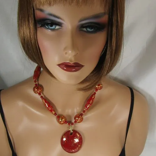 Red Kazuri Necklace & Earrings Handmade Beaded Necklace