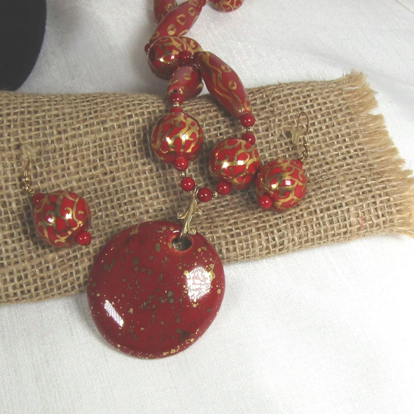Red Kazuri Necklace & Earrings Handmade Beaded Necklace