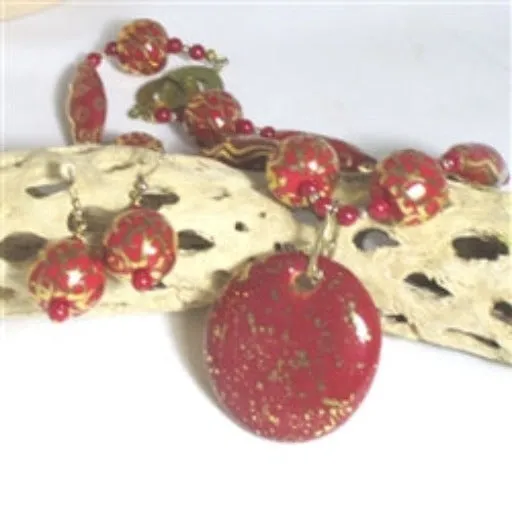 Red Kazuri Necklace & Earrings Handmade Beaded Necklace