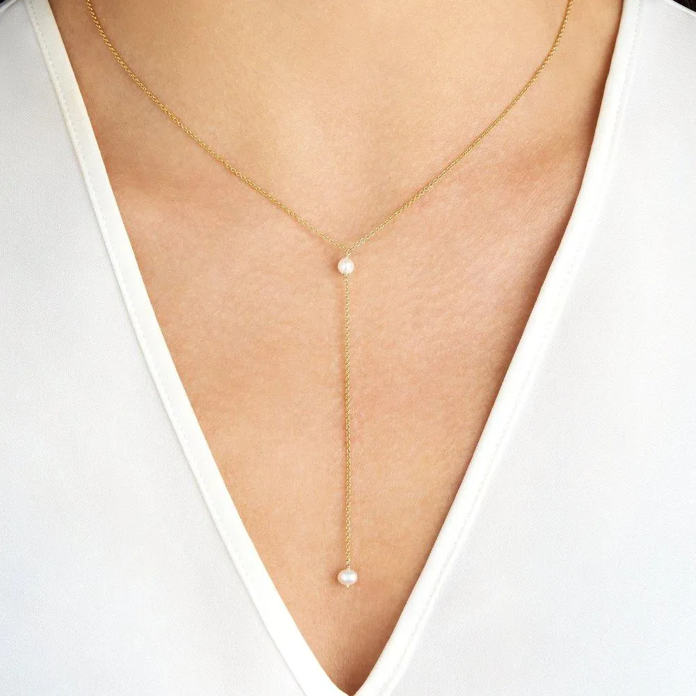 Rose Gold Pearl Lariat Necklace