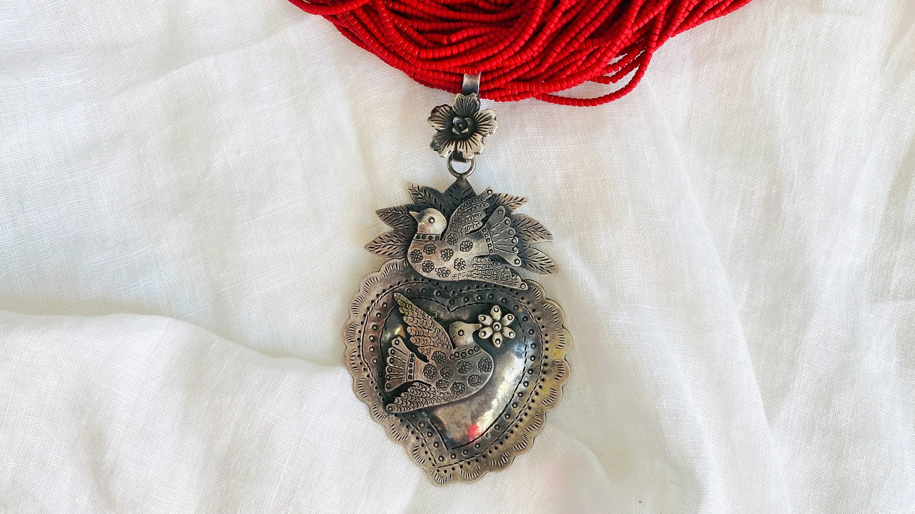 Sacred Heart Milagro Necklace. Mexico. Sterling Silver.