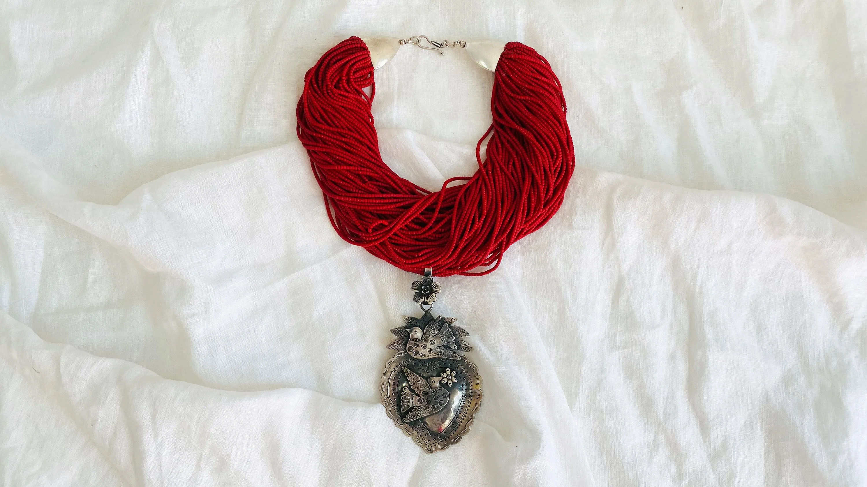 Sacred Heart Milagro Necklace. Mexico. Sterling Silver.