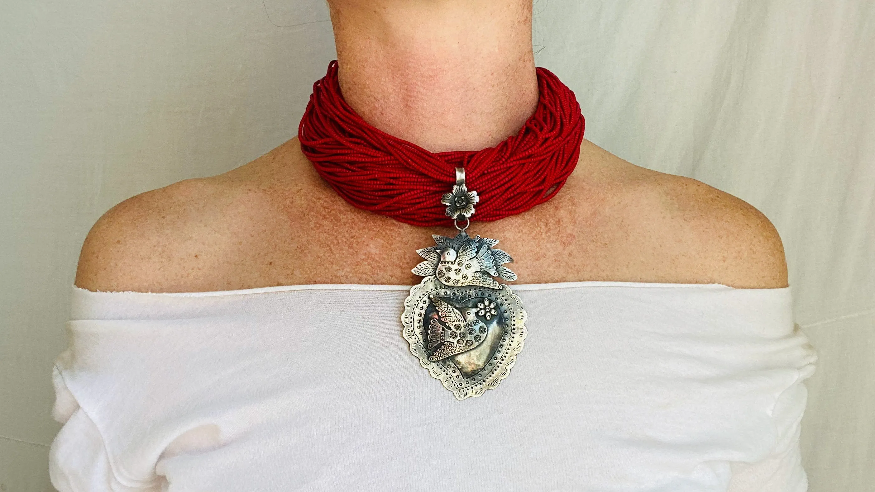 Sacred Heart Milagro Necklace. Mexico. Sterling Silver.