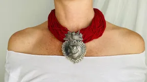 Sacred Heart Milagro Necklace. Silver & Amber. Mexico. Sterling Silver.