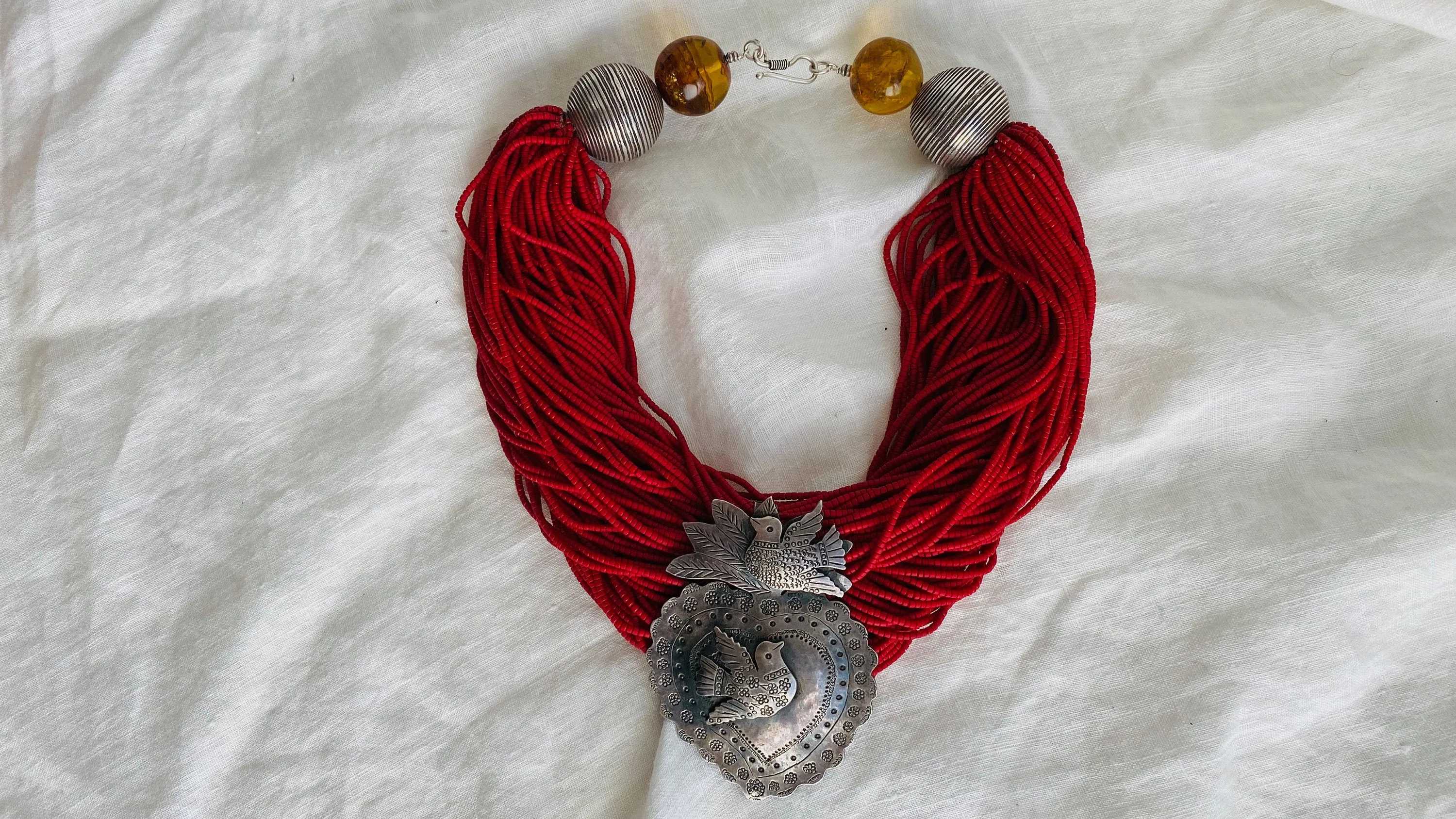 Sacred Heart Milagro Necklace. Silver & Amber. Mexico. Sterling Silver.