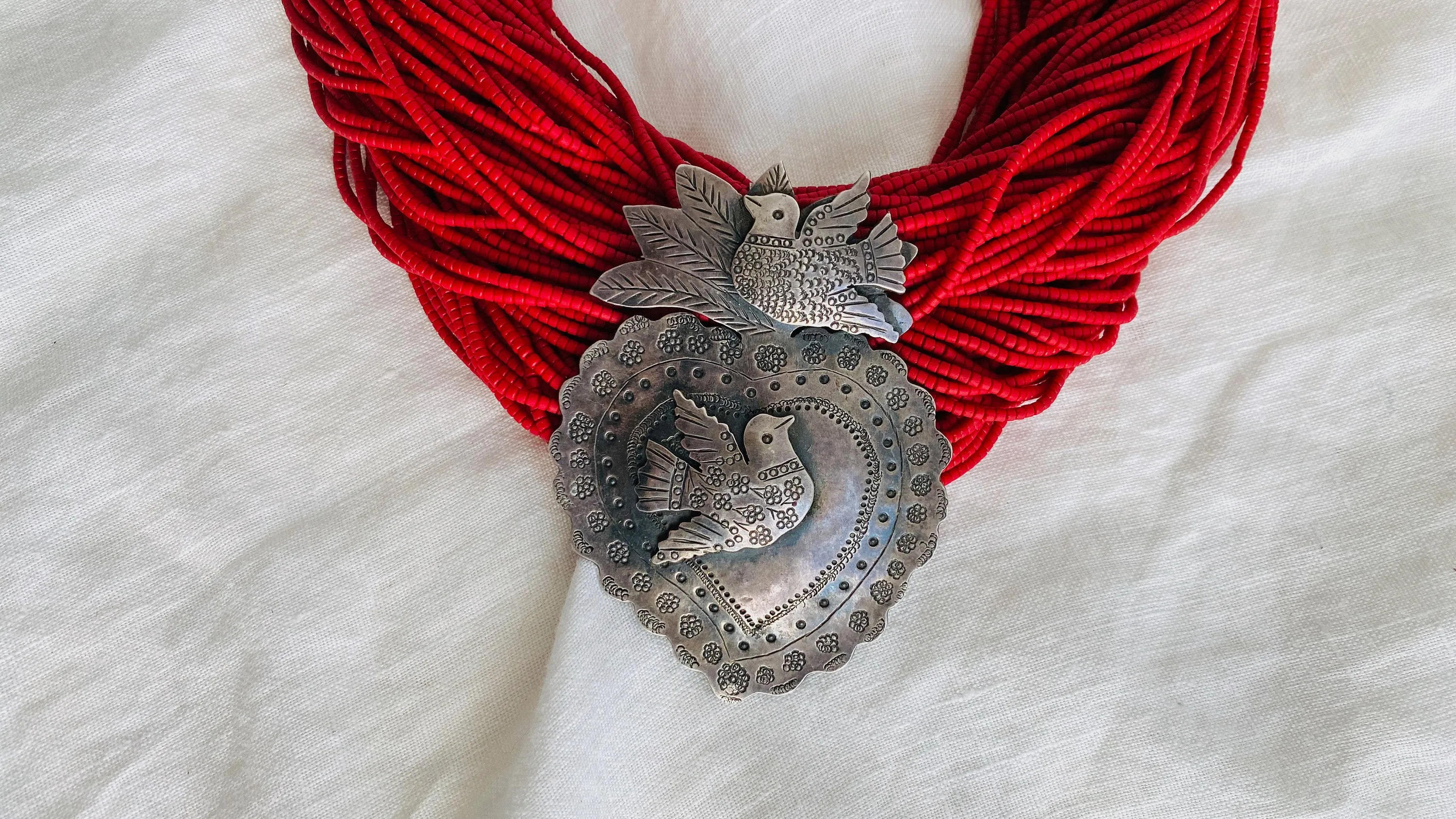 Sacred Heart Milagro Necklace. Silver & Amber. Mexico. Sterling Silver.