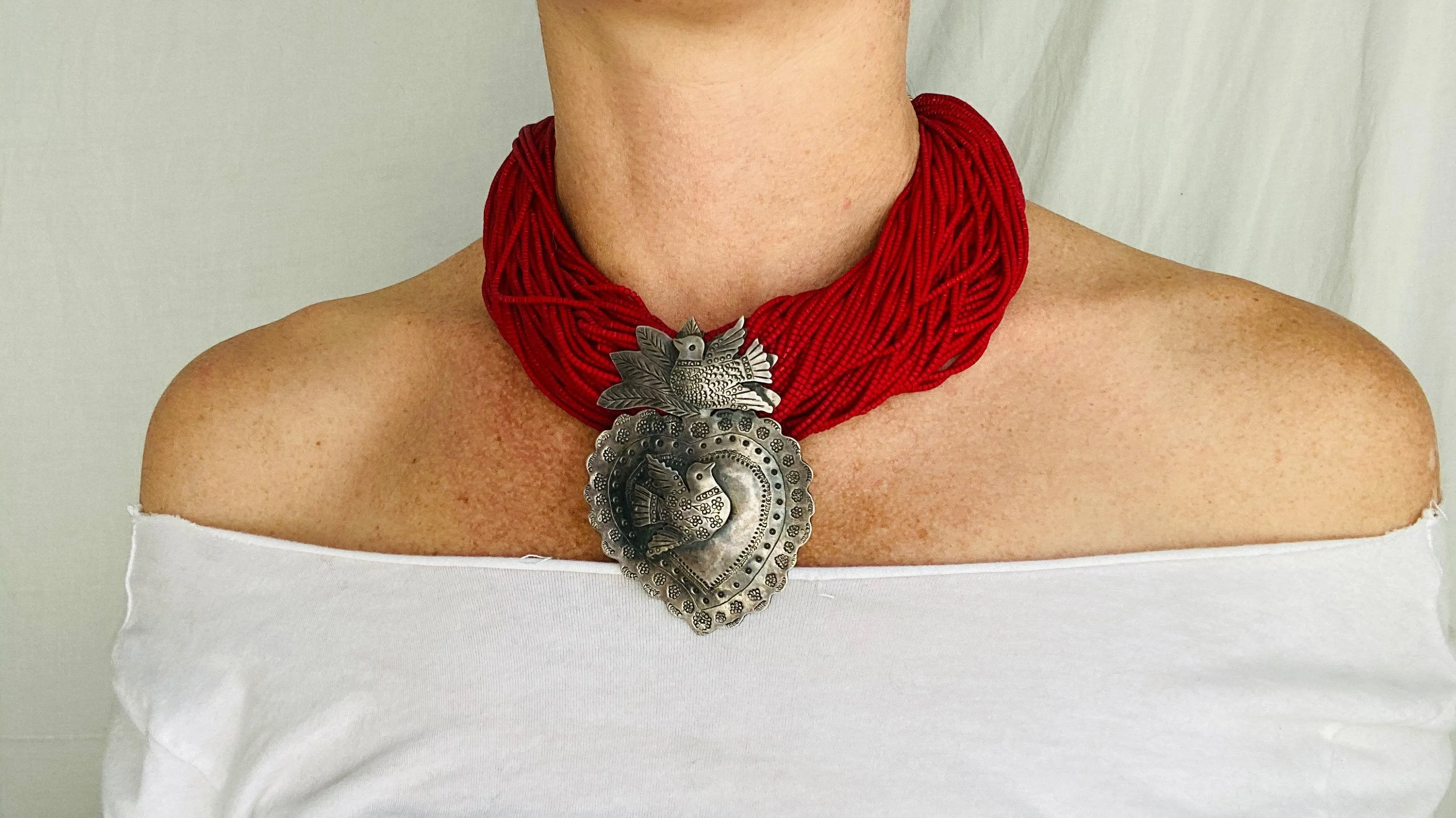 Sacred Heart Milagro Necklace. Silver & Amber. Mexico. Sterling Silver.