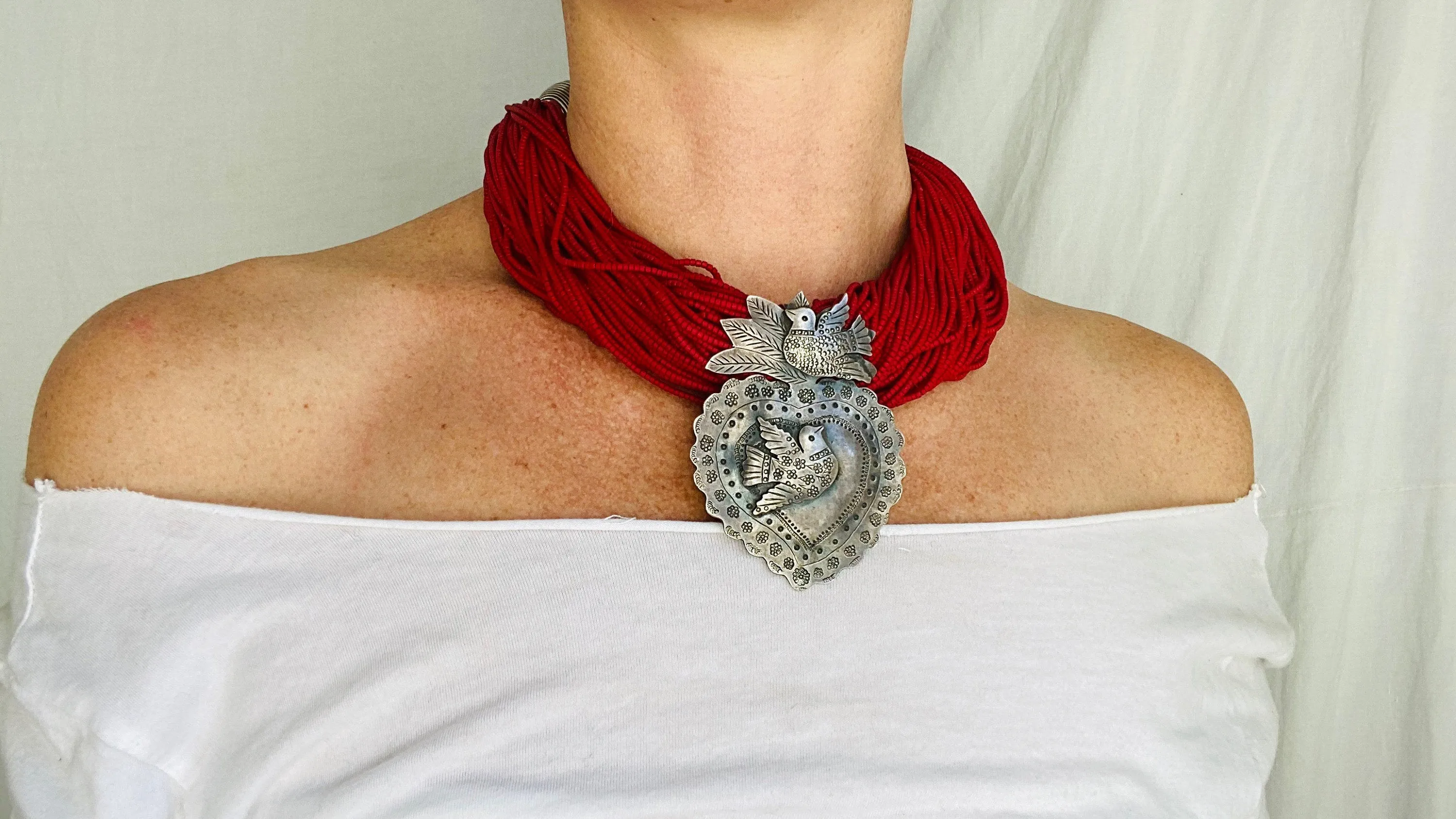 Sacred Heart Milagro Necklace. Silver & Amber. Mexico. Sterling Silver.