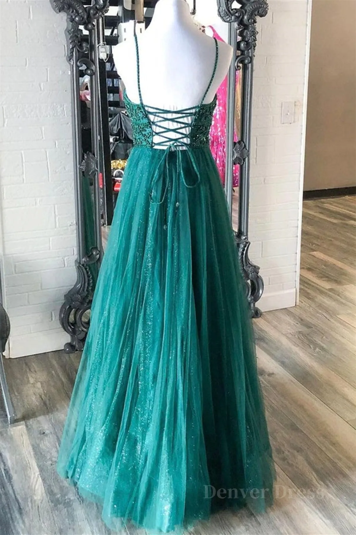 Shiny V Neck Backless Beaded Green Tulle Long Prom Dress Green Lace Formal Dress Beaded Evening Dress