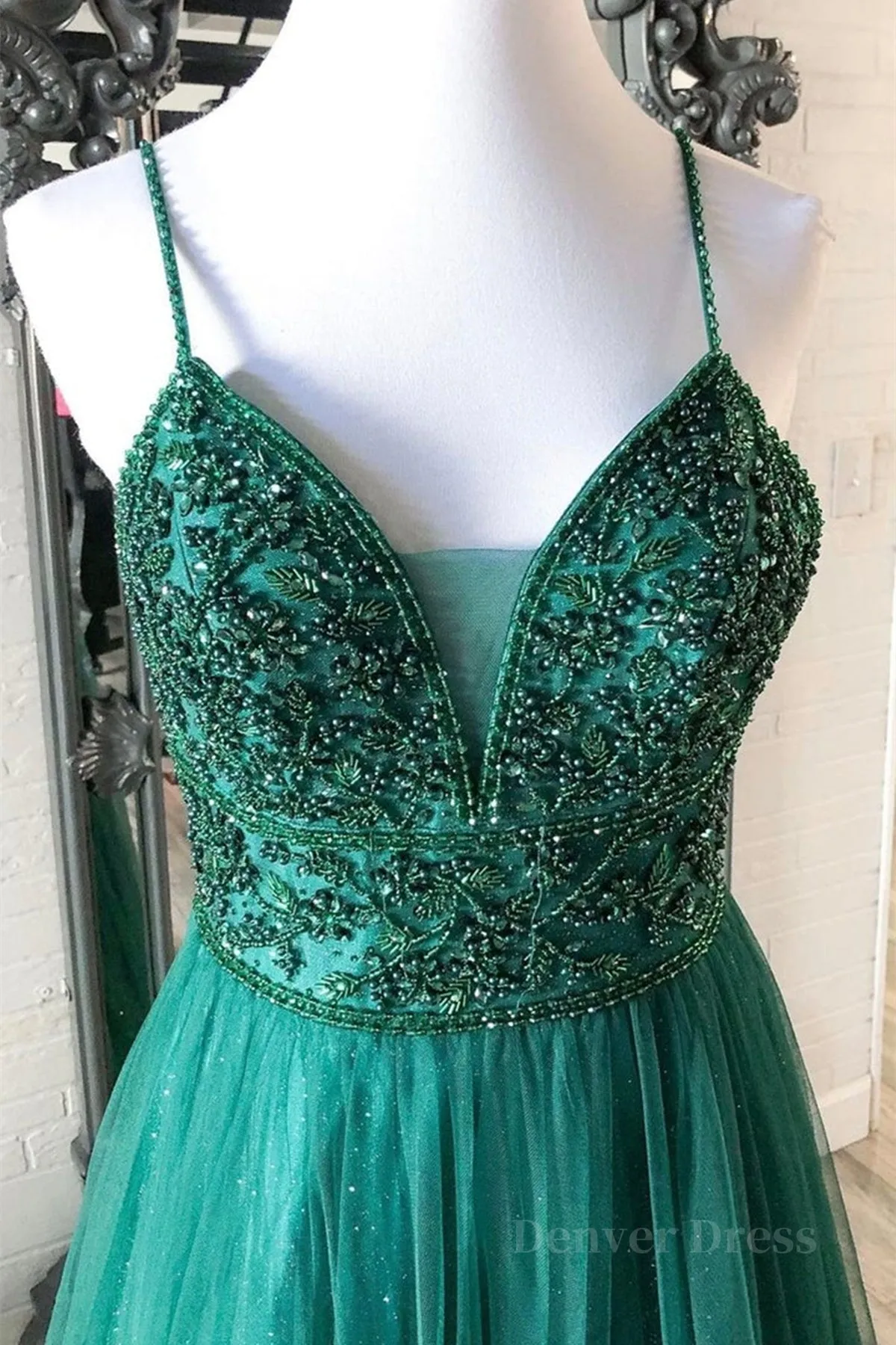 Shiny V Neck Backless Beaded Green Tulle Long Prom Dress Green Lace Formal Dress Beaded Evening Dress