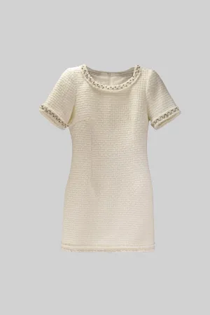 Short Sleeve Knitted Dress With Beaded Details - Ivoire