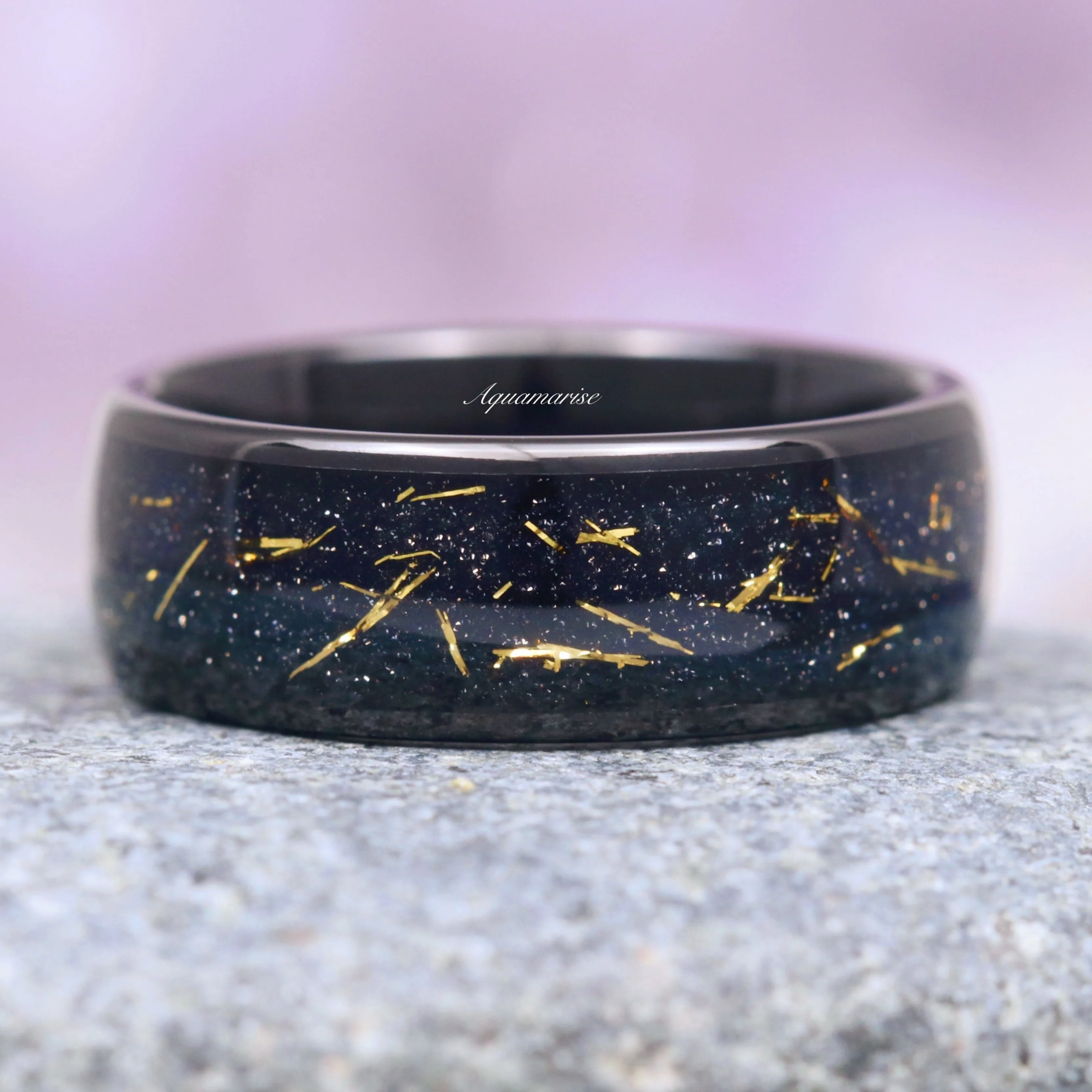 Starry Night & Gold Foil Wedding Band- 8MM Black Tungsten