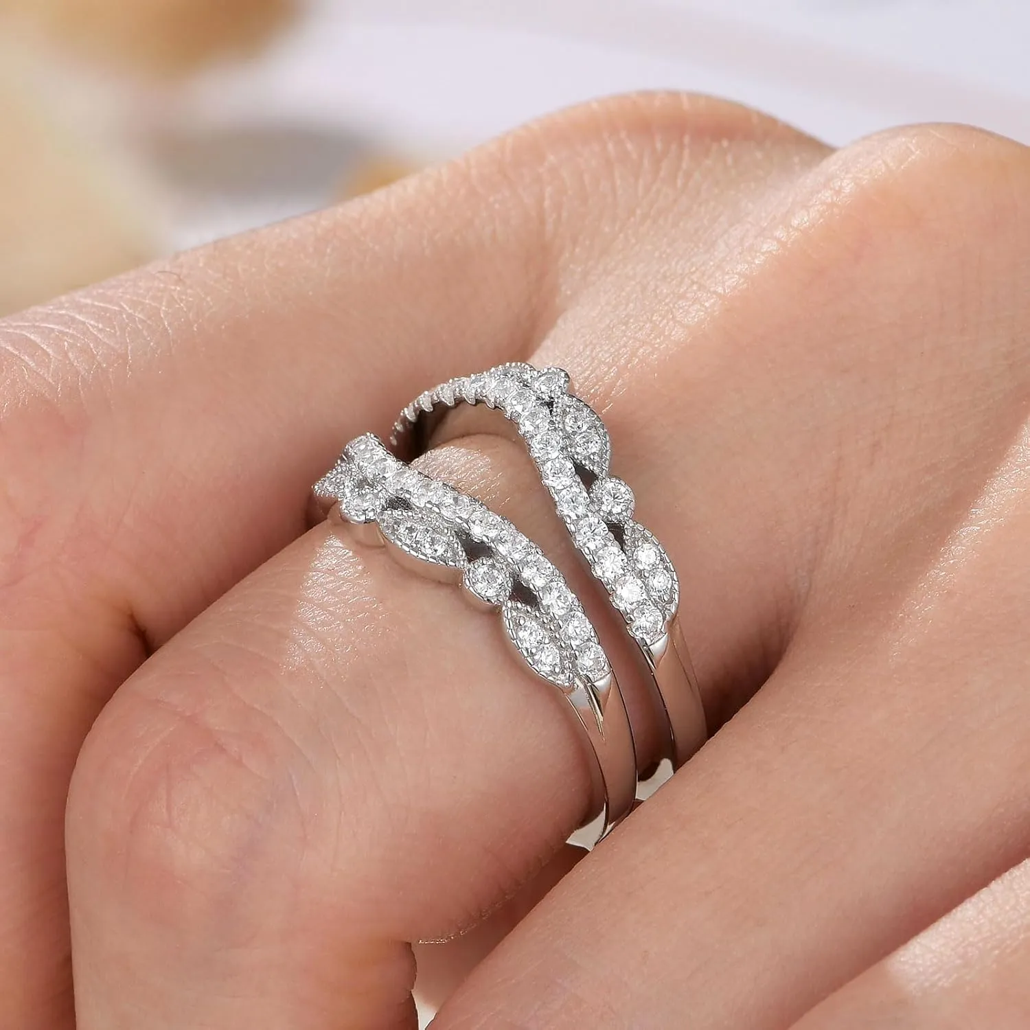 Wuziwen Vintage Wedding Bands for Women Curved Ring Enhancer for Engagement Rings Guard Wrap Stackable 925 Sterling Silver Cubic Zirconia