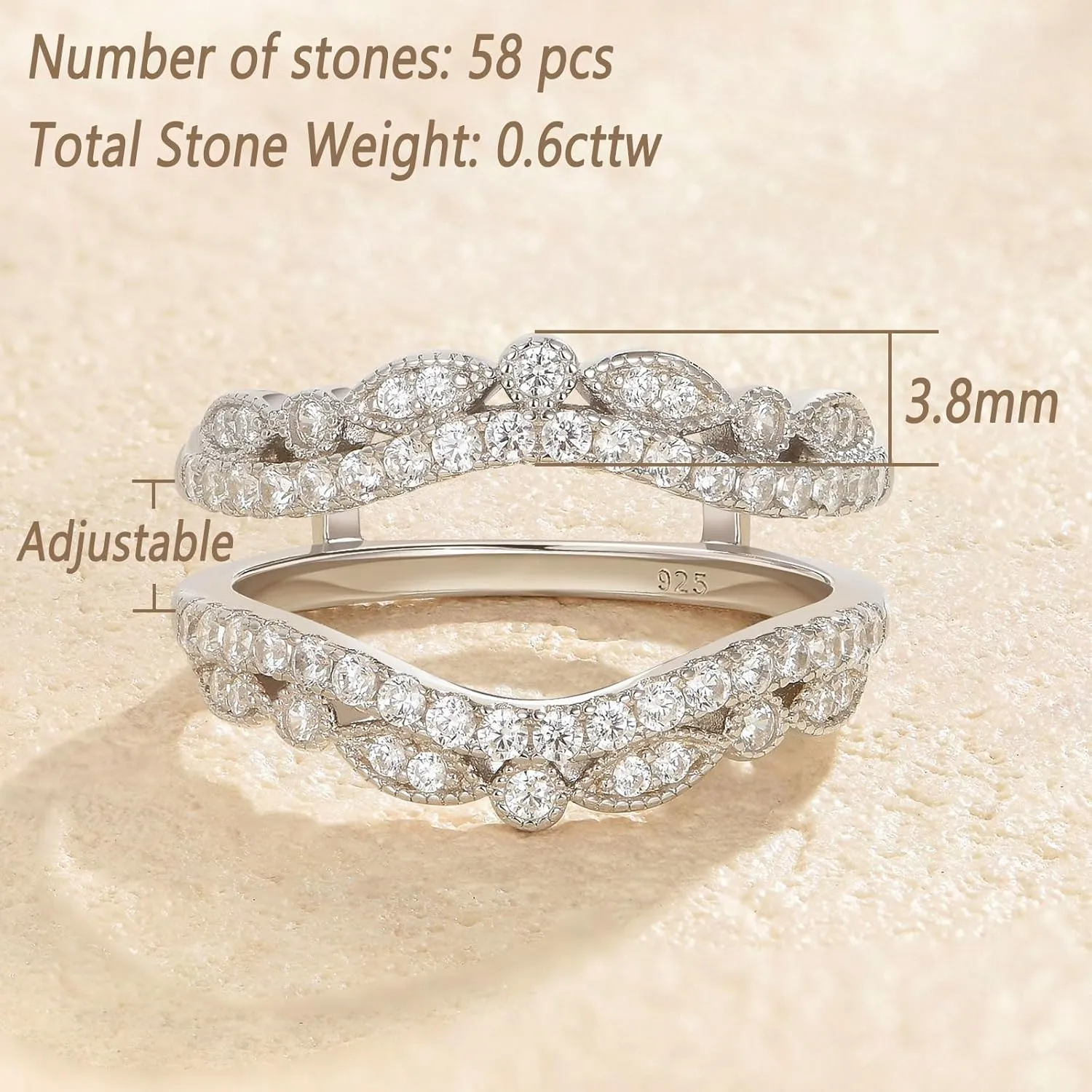 Wuziwen Vintage Wedding Bands for Women Curved Ring Enhancer for Engagement Rings Guard Wrap Stackable 925 Sterling Silver Cubic Zirconia